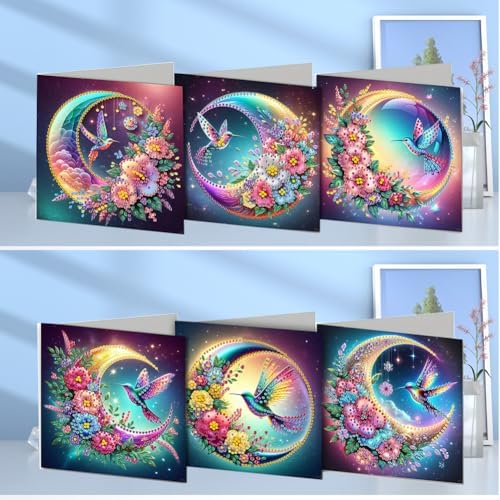 Diamond Art Cards with Envelopes–6PCS DIY Diamond Painting Greeting Cards Kit | Card Making Kit with Bling for Adults & Beginners | Birthday,Holiday & Thank You Cards (Hummingbird and Moon)