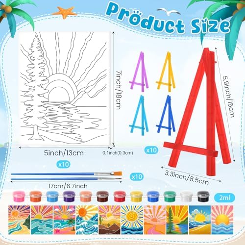 Blosssound 10 Set Pre Printed Sunrise Canvas Pre Drawn Canvas Painting with Easel Kits 5" x 7" Outline Painting Panels for Beginners, DIY Craft Project, Party Favor, Home Decors