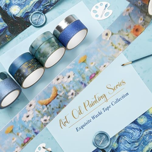 Washi Tape Set, 24 Rolls Vintage Washi Stickers, Assorted Sizes, for Junk Journal Scrapbook Tape, Bullet Journaling Scrapbooking Supplies, Planner Sticker DIY Craft DéCor (Blue)