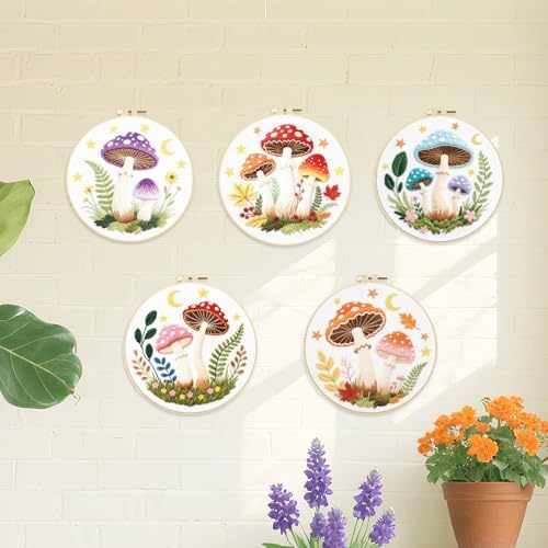 ORIGACH 5 Pack Mushroom & Plants Embroidery Kits for Beginners DIY Starter Hand Embroidery Kit with Floral and Plants Patterns and Instructions for Adults Women Crafting