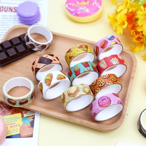 12 Rolls Cute Food Themed Washi Tape Set, Cartoon Yummy Dessert Decorative Tape Macarons Colorful Masking Tape for Journaling Supplies, Junk Journal, Scrapbooking, DIY Arts & Crafts Supplies