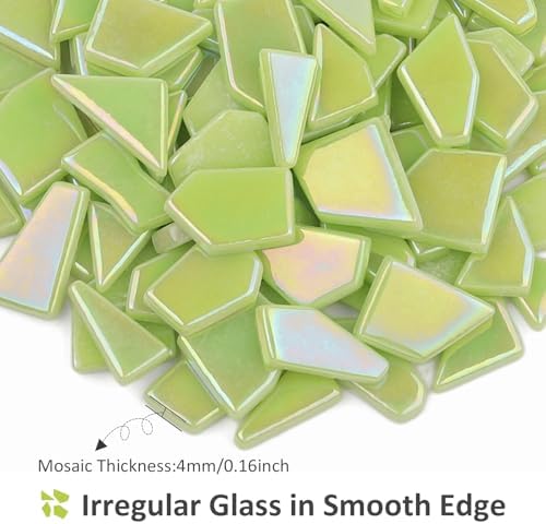 Youway Style Iridescent Green Glass Mosaic Tiles for Crafts Bulk,200g Broken Stained Glass Pieces for Crafts DIY Mosaic Art Decor (Pack of 2)