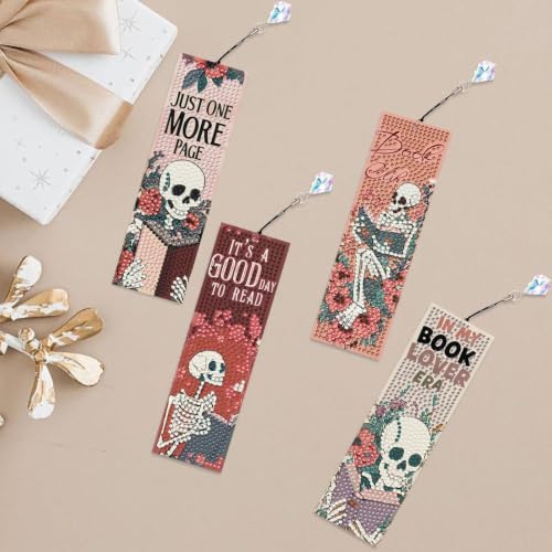 Mandun 4 Pcs Skull Diamond Painting Bookmark Kits, Special Shaped Diamond Art Bookmarks with Pendant, DIY Book Diamond Art Bookmarks with Tassels Crafts Gifts Supplies