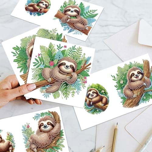 antor 6-Pack Sloth Diamond Art Greeting Cards – DIY 5D Diamond Painting Greeting Card Kits for Adults with Envelopes, Relaxing Rhinestone Card Kit Featuring Cute Hanging Sloths on Tree Branches