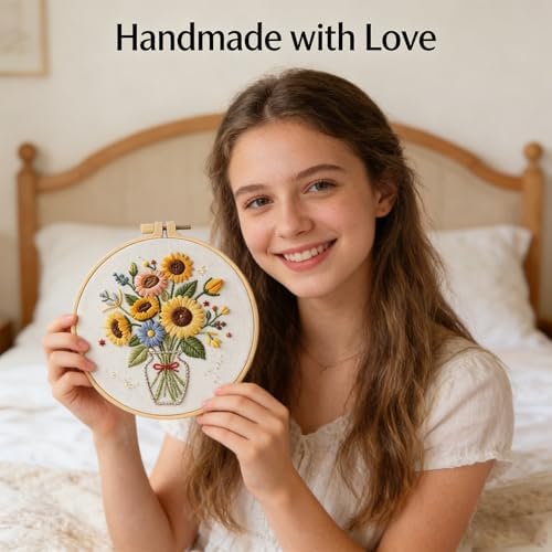 BoAn Sunflower Embroidery Kit for Beginners, DIY Cross Stitch Kit with Hoop