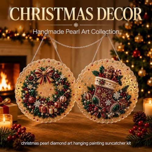 Cheerdox Christmas Pearl Diamond Arts Suncatcher DIY Kit, 5D Diamond Pearl Art Painting Acrylic Round Board with Lace Edge, Christmas Diamond Art Beads Craft Kit for Holiday (Style F)
