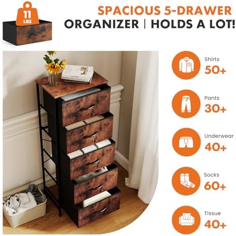Sweetcrispy 5 Storage Drawer Bedroom Dresser, Tall Dresser for Organizer