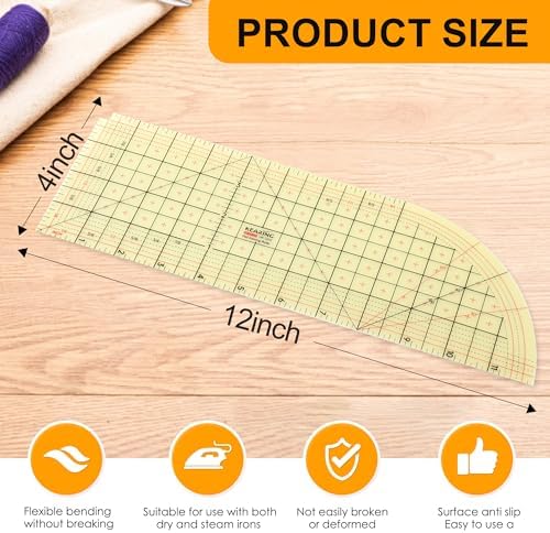 Curved Hot Ruler for Sewing, 12X4 Inch Hot Hem Ruler for Sewing Seam Guide Ruler Sewing Ruler and Guides for Fabric Hemming Tools Press with Dry or Steam