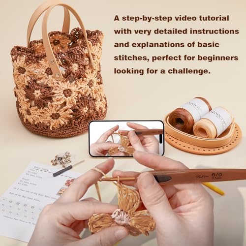 Noocro Crochet Kit for Intermediate or Advanced Level, Floral Raffia Bucket Bag, Purse, Step by Step Video Tutorial, Detailed Instruction Complete Kit Craft Supplies Holiday Gift (Mocha Blossom)