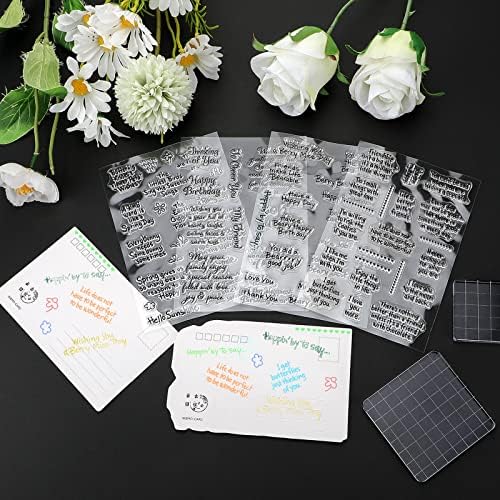 Chinco 4 Sheet Sentiments Rubber Clear Stamps Set for Card Making and DIY Scrapbooking Journaling 2 Acrylic Stamp Blocks with Grid Lines for Valentine Birthday Wedding Wife Husband Anniversary Card