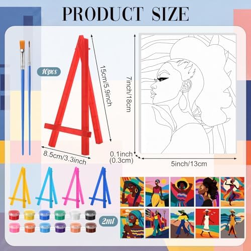 Blosssound 10 Set Pre Printed Canvas Pre Drawn Canvas Painting with Easel Kits 5" x 7" Outline Painting Panels for Beginners, DIY Craft Project, Party Favor, Home Decors(Modern Lady)