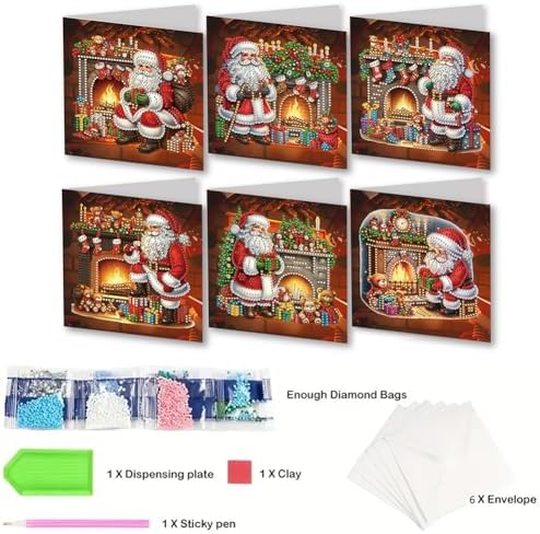 POETRYDRAW 6 Pack 5D DIY Diamond Art Painting Santa Claus Greeting Card Kit, Diamond Art Birthday Holiday Greeting Card, Crafts Kit Creative with Envelope