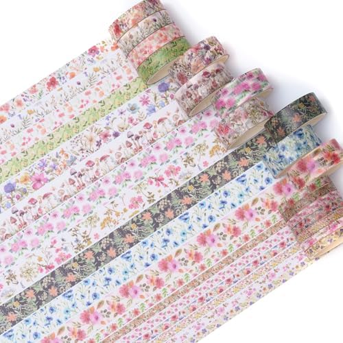 18 Rolls Seasons Flowers Washi Tape Set Floral Arts Adhesive Tapes Blooming Garden Decorative Masking Tape Sets for Craft, Kids, Scrapbook, DIY, Gift Wrapping (Spring)