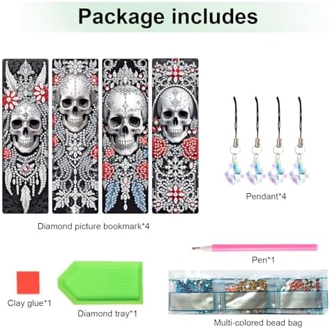 4 Pcs DIY 5D Diamond Painting Bookmark Kit - Special Shaped Crystal Rhinestones, Rose Skull Diamond Art Bookmarks with Crystal Pendant Tassels, Handmade Decorative Bookmarks Gift Set for Book Lovers