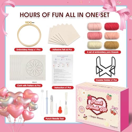 yuegool 6PCS Punch Needle Coaster Kit,Easy DIY Embroidery Set for Beginners, Kids & Adults with Patterns, Tools, Yarns, Hoop, Instructions & Coaster Holder