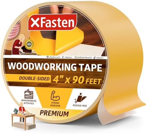 XFasten Double Sided Woodworking Tape 4 Inches x 90 Feet, Residue-Free and Removable Double Sided Wood Mounting Boards, Masking Tape for Wood Template, MDF, Metal, Edge Banding, Routing, Anchoring