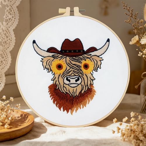 Highland Cow Embroidery Kits for Beginners Adults, Animal Hand Embroidery Starters Kits, Stamped Cross Stitch Kits DIY Needlepoint Kits for Beginners Adults, Embroidery Hoop, Thread and Video Tutorial