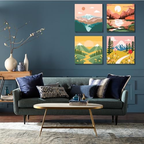 FQOVKYN 4 Packs Paint by Numbers Kit for Adults with Frame, DIY Landscape Adult's Paint by Number on Canvas, Mountain Oil Painting Kits for Home Wall Decor 8x8 Inch