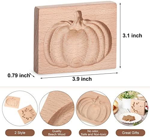 Meanplan Carved Wooden Cookie Mold, Baking Embossing Cookies Stamp Mold Cutter Funny 3D Heart Wood Rose Dessert Tools for Christmas Kitchen DIY Baking Tools(Maple Leaf, Pumpkin)