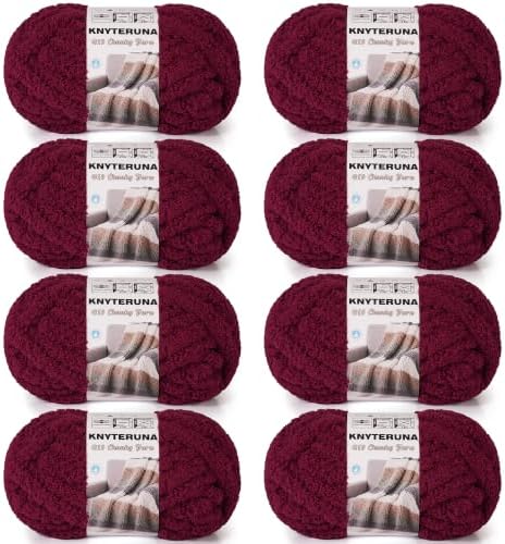 Chunky Yarn for Hand Knitting, #10 Chunky Blanket Chenille Yarn, Large Bulky Thick Jumbo Yarn, Super Chunky Knit Yarn for Crocheting, 8 Skein (8 oz 22 yds Each Skein), Burgundy