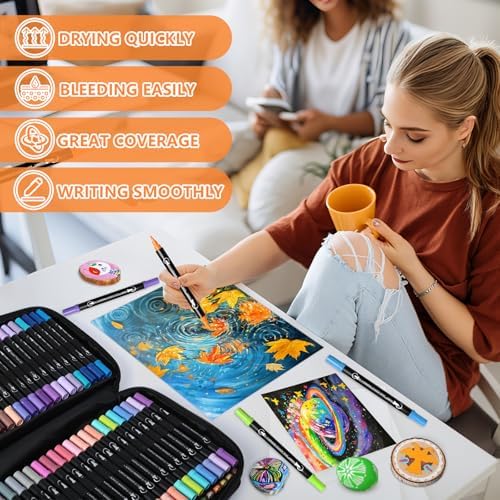 TANMIT 124 Colors Dual Tip Acrylic Paint Markers, Paint Pens Set with Brush Tip and Fine Tip For Fabric, Rock, Wood, Glass, Eggs, Scrapbook, DIY Crafts Making Art Supplies - Teacher Appreciation Gift