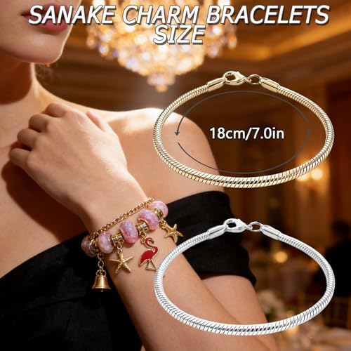 Exway 20 Pcs Snake Charm Bracelet Chain 7.0 Inch Gold and Silver Charm Bracelet Kit Snake Chain Bracelets Chain for Christmas DIY Women Jewelry Making Gifts