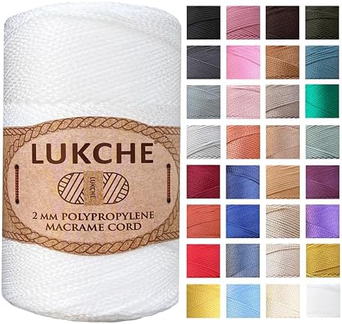 Polyester Macrame Cord 2mm x 251 Yards, 100% Polypropylene Premium Macrame Rope, Colorful Yarn Crochet Macrame Bag Craft for Wall Hangers, Bags, Bottom Plates, Carpets (White, 1 Skein)