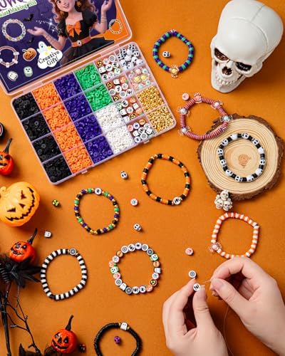 Taybonds Halloween Clay Beads Friendship Bracelet Making Kit for Party, Jewelry Making Kit with Polymer Clay Charms and Skull for Bracelets, Gifts