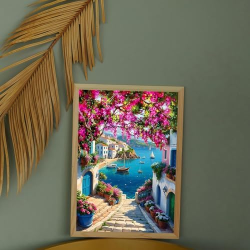 MIRCVSH Scenery Paint by Numbers Kit for Adults,Framed Landscape Paint by Number Kits on Canvas with Brushes,Flowers and Sea Oil Painting Kits with Wooden Easel for Home Wall Decor 12X16 Inch.