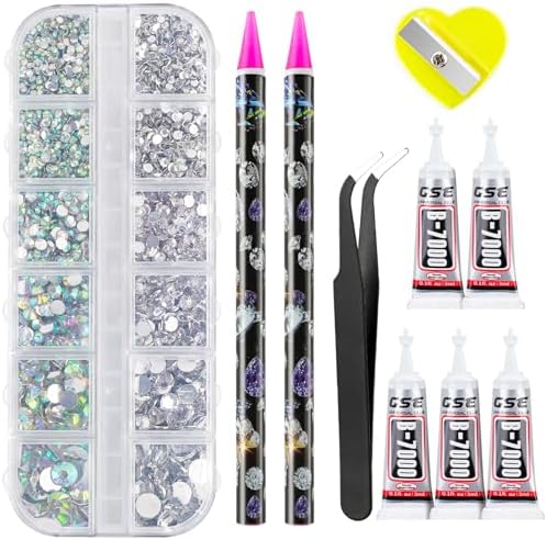 Canvalite Rhinestones 2784PCS in 6 Sizes Flat Back Gems, Crystal AB Art Gems with 5Pcs Jewelry Glue, Pick Up Tweezers and Picker Dotting Pen for Nails, Makeup, Stocking Stuffers Gifts for Women