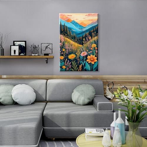 JOOZ Mountain Paint by Numbers Kit for Adults with Frame, Flowers Paint by Number with Easel, DIY Landscape Adult Paint by Number Kits Framed Canvas for Home Wall Decor 8 x 12 Inch