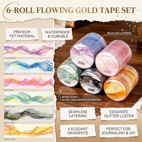 6 Rolls Gold Junk Journal Tape, Glitter Transparent Washi Tape Stickers