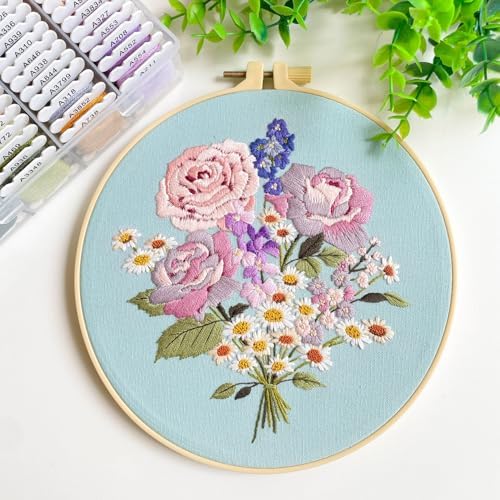 Silentsea Embroidery Kit, Floral and Nature Designs, 3-Pack with Hoops, Needlework Pattern Set (Flower-2)