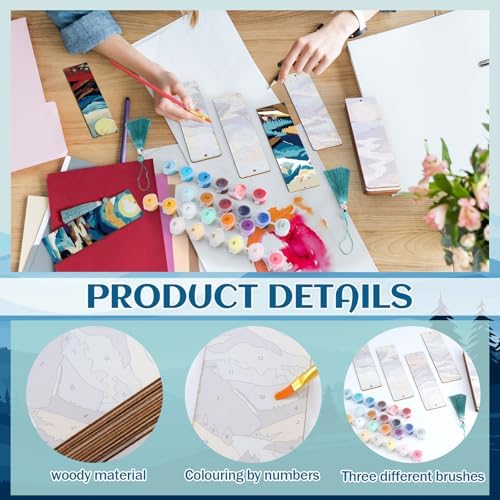 Kosiz 12 Pcs Mountain Paint by Number Kit for Adult Wood Bookmark | Mini Paint by Numbers Kit, Painting Decor, Tassels Blank Bookmarks, for Small DIY Craft Book Lovers Gift 7x2 ''