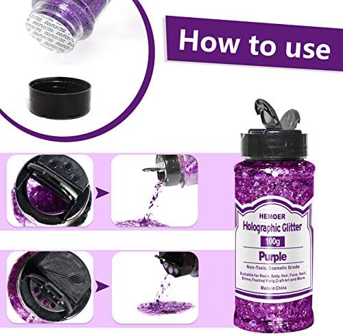 HEMOER Purple Glitter, 100g/3.5oz Holographic Chunky Glitter Mixed Hexagon Chunky & Fine Flakes Iridescent Sequins for Epoxy Crafts, Resin, Nail Body, Tumblers, Festival Party