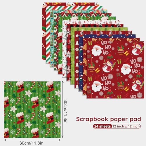 12in Christmas Decoupage Scrapbooking Paper Pad - 24 Sheets Xmas Decal Patterns Designed Material for Cardstock DIY Crafts Journals Folded Origami Gift Wrapping Supplies