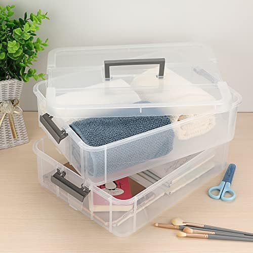 BTSKY 2 Layer Stack & Carry Box, Plastic Multipurpose Portable Storage Container Box Handled Organizer Storage Box for Organizing Stationery, Sewing, Art Craft, Jewelry and Beauty Supplies Dark Grey