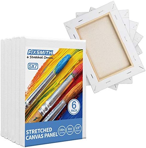 FIXSMITH Stretched White Blank Canvas- 5x7 Inch,6 Pack,Primed,100% Cotton,5/8 Inch Profile of Economy Value Pack for Acrylics,Oils & Other Painting Media.