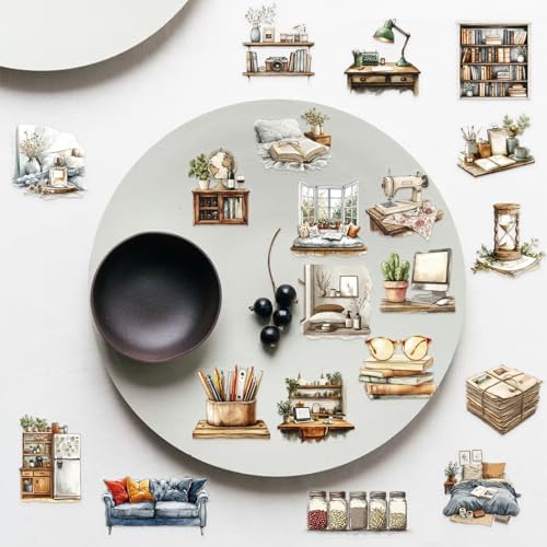 50pcs Home Art Stickers for Laptop Water Bottles, Transparent PET Waterproof Adhesive House Decals Retro Home Decor Sticker for Kids Birthday Party Scrapbook Phone (Retro-2)