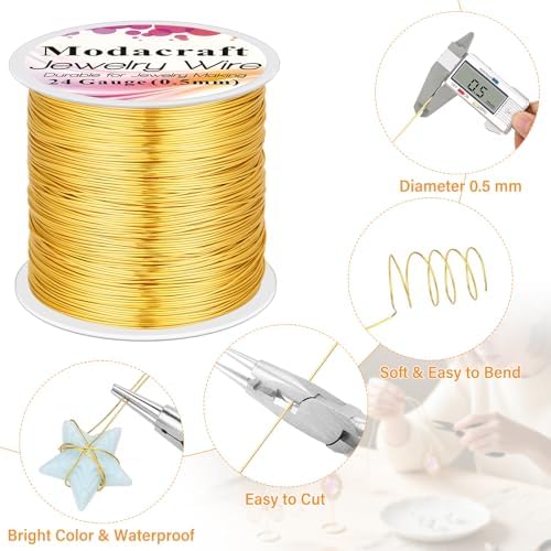ModaCraft 24 Gauge Sweet Spot Jewelry Wire Gold (213ft/65m) + 4-in-1 Comfort Grip Pliers | Tarnish Proof Copper Craft Wire for Wire Wrapping, Beading & Charm Bracelets | Jewelry Making Starter Kit