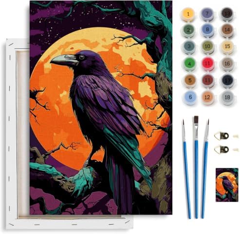 Spandrel Gothic Raven Paint by Number Kits for Adults, Halloween Paint by Number Kits on Canvas, DIY Acrylic Oil Full Moon Painting by Numbers Gitfs for Home Wall Decor, 8x12in