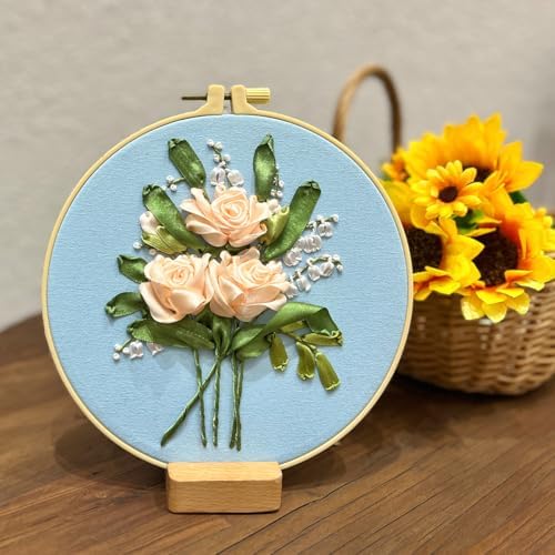 FONNUY Ribbon Embroidery 3D Flowers Pattern Design Kit Embroidery DIY Handwork Set Oval Home Decoration (Champagne Rose)