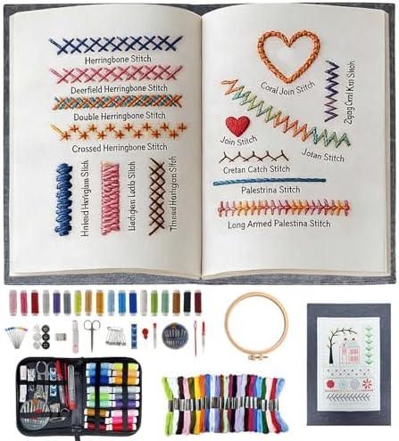 Embroidery Stitch Book Kit for Adults & DIY Craft Enthusiasts, Portable Embroidery Kit for Beginners, Includes Guide to 106 Patterns with Tools & Tutorials and 86-Piece Sewing Tool Set (1 Kit)