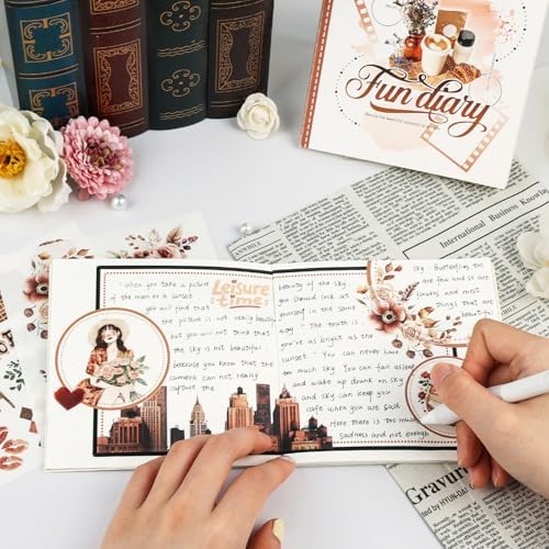 Dizdkizd Creative Art Journal Notebook with 28 Junk Journal Templates Pages and 8 Die-Cut Stickers for Japanese Stationery, Scrapbook, Mixed Media, 5.0in × 5.0in, Coffee