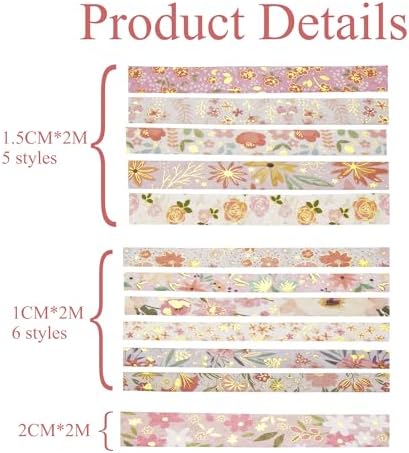 Washi Tape Set, Floral Washi Stickers, 12 Rolls Assorted Sizes, for Junk Journal Scrapbook Tape, Bullet Journaling Scrapbooking Supplies, Planner Sticker DIY Craft DéCor (Pink)