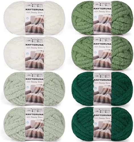 Chunky Yarn for Hand Knitting, #10 Chunky Blanket Chenille Yarn, Large Bulky Thick Jumbo Yarn, Super Chunky Knit Yarn for Crocheting, 8 Skein (8 oz 22 yds Each Skein), White & Multi Green