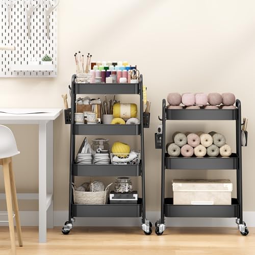 TOOLF 4 Tier Rolling Cart, Metal Utility Storage Cart with Pegboard, Black | 2 Bins & 4 Hooks, Screwless Assembly, Lockable Wheels, Trolley Organizer for Bathroom, Kitchen, Office, Dorm, Craft Room