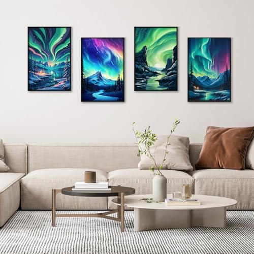 Camocin 4 Pack Framed Paint by Numbers Kit for Adults with Wooden Easel | Northern Lights Aurora Artwork, Night Sky Decor, DIY Canvas Painting Set, Bedroom Wall Decor, Beginner Friendly, 8x12 Inch