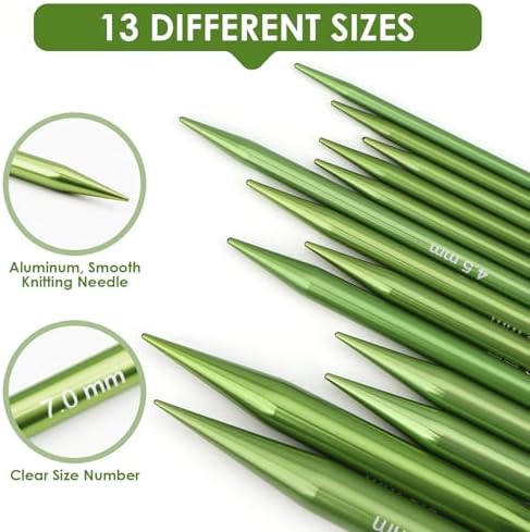 Interchangeable Circular Knitting Needles Set Premium Aluminum Knitting Kit 13 Pairs of 4 Inch with 4 Cables, Accessories and Storage Bag Green