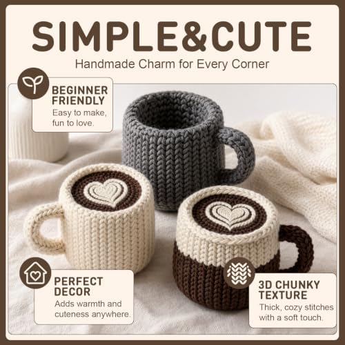 FACE N FACE DIY Crochet Coffee Mug Kit for Beginners – Handmade Yarn Cup Craft Set in Dark Gray with Yarn, Fiberfill & Step-by-Step Instructions – Easy Beginner Crochet Home Decor Gift for Adults